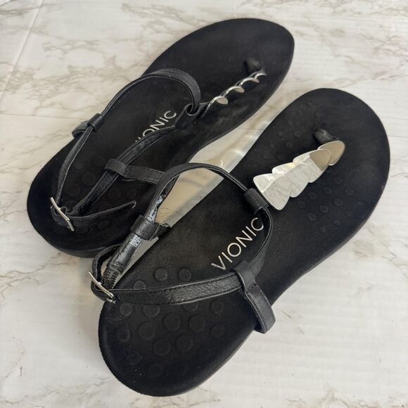Vionic Sandals Womens Size 9.5 Black Thong T-Strap Comfort Silver Embellished - Picture 10 of 11